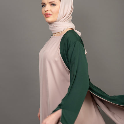 طقم عباية من ثلاث قطع، قابل للعكس، باللون الأخضر الزمردي والبيج 