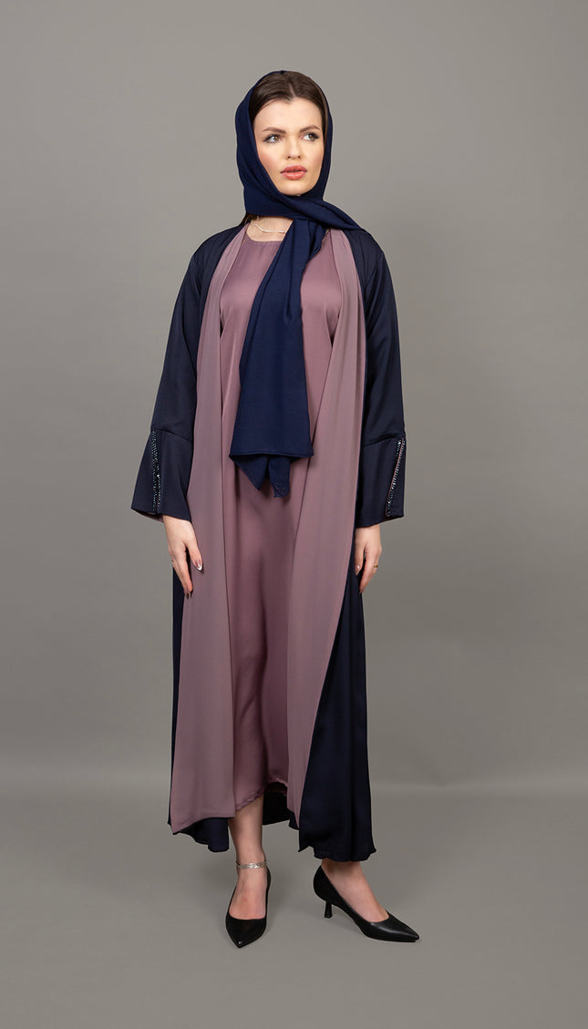 Navy Blue & Mauve 3-Piece Abaya Set