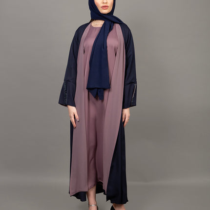 Navy Blue & Mauve 3-Piece Abaya Set