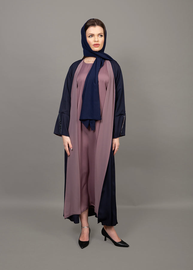 Navy Blue & Mauve 3-Piece Abaya Set