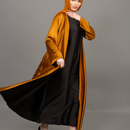 Reversible Mustard Gold & Black Satin Abaya Set (3-Piece)