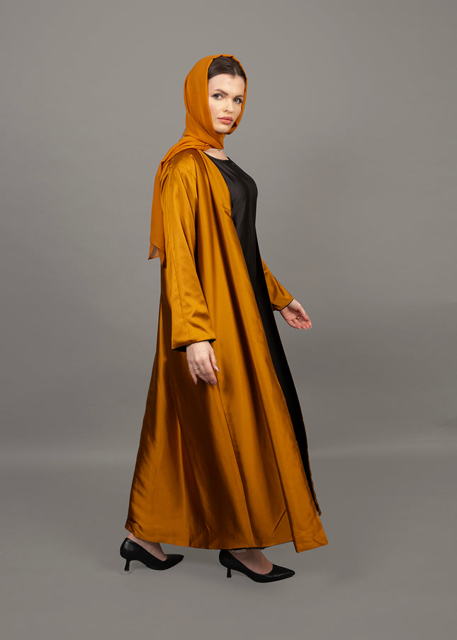 Reversible Mustard Gold & Black Satin Abaya Set (3-Piece)