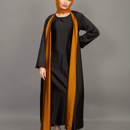 Reversible Mustard Gold & Black Satin Abaya Set (3-Piece)