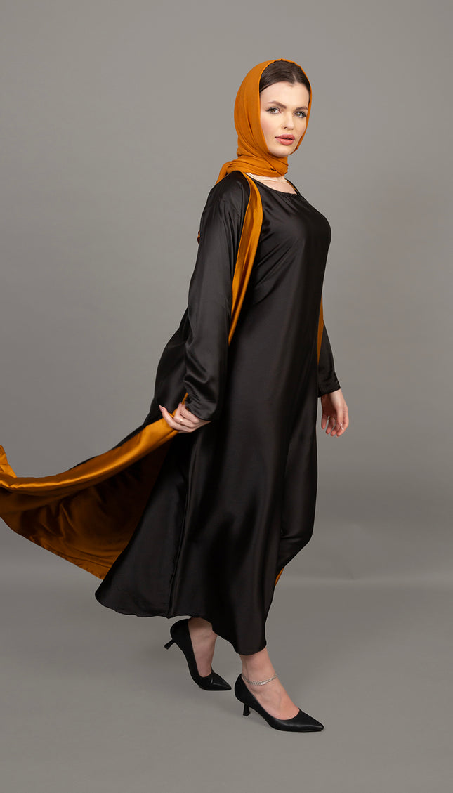 Reversible Mustard Gold & Black Satin Abaya Set (3-Piece)