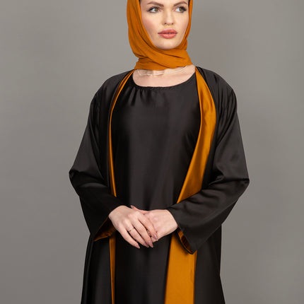 Reversible Mustard Gold & Black Satin Abaya Set (3-Piece)