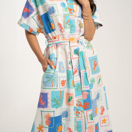 Coastal Print Shirt Dress in Swiss Cotton