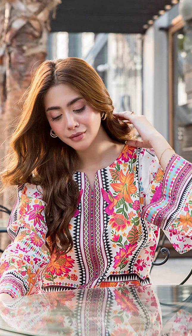 Tropical Bloom Kaftan Set – Natural Crepe