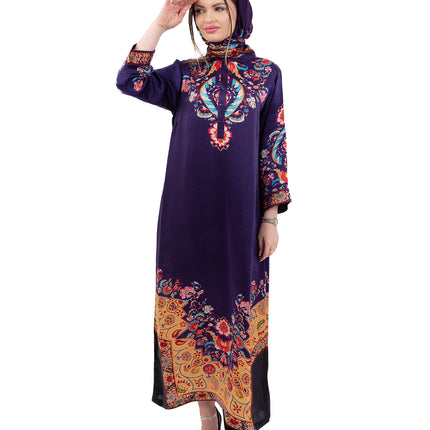 Zaria Royal Blue Cupro Satin Kaftan Set with Matching Scarf