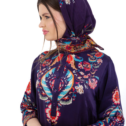 Zaria Royal Blue Cupro Satin Kaftan Set with Matching Scarf
