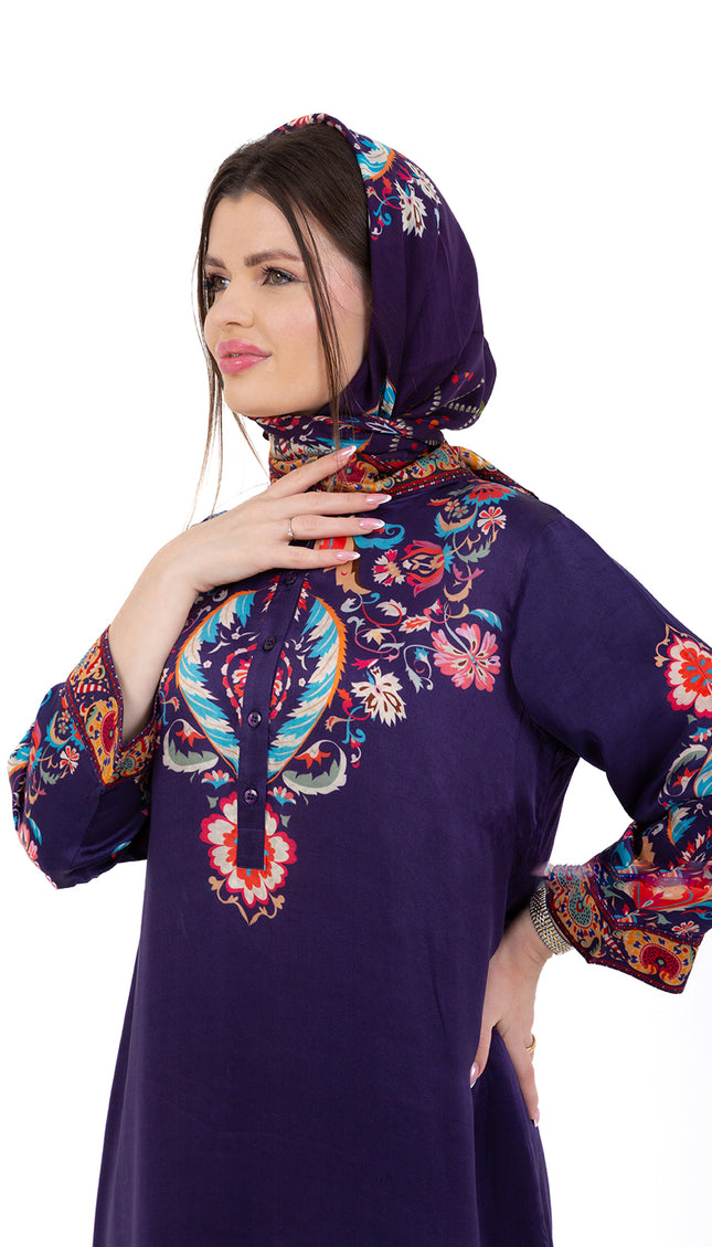 Zaria Royal Blue Cupro Satin Kaftan Set with Matching Scarf