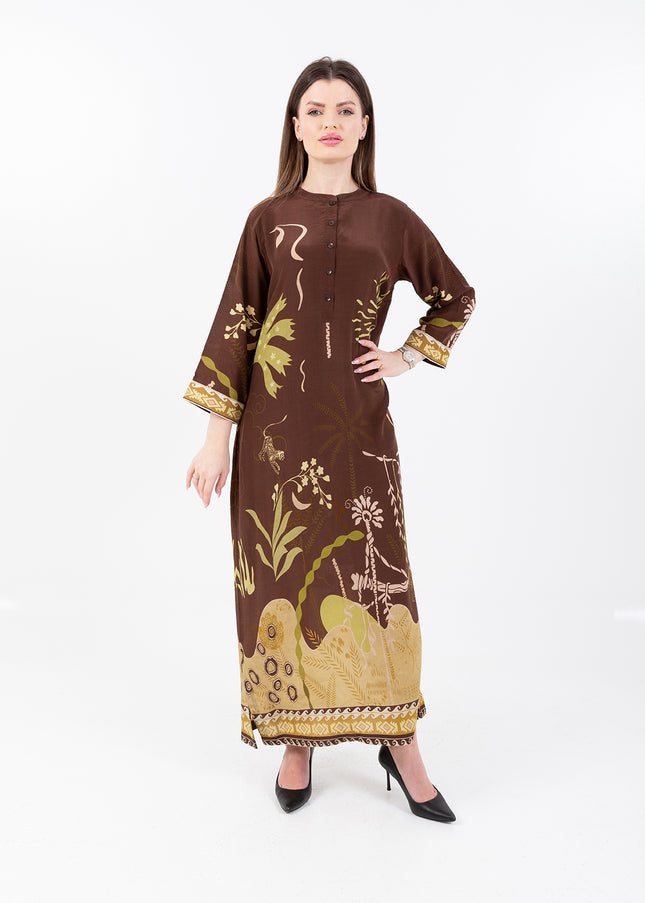 Nooré Brown Cupro Satin Kaftan Set with Matching Scarf