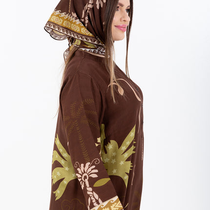 Nooré Brown Cupro Satin Kaftan Set with Matching Scarf