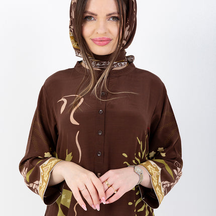 Nooré Brown Cupro Satin Kaftan Set with Matching Scarf