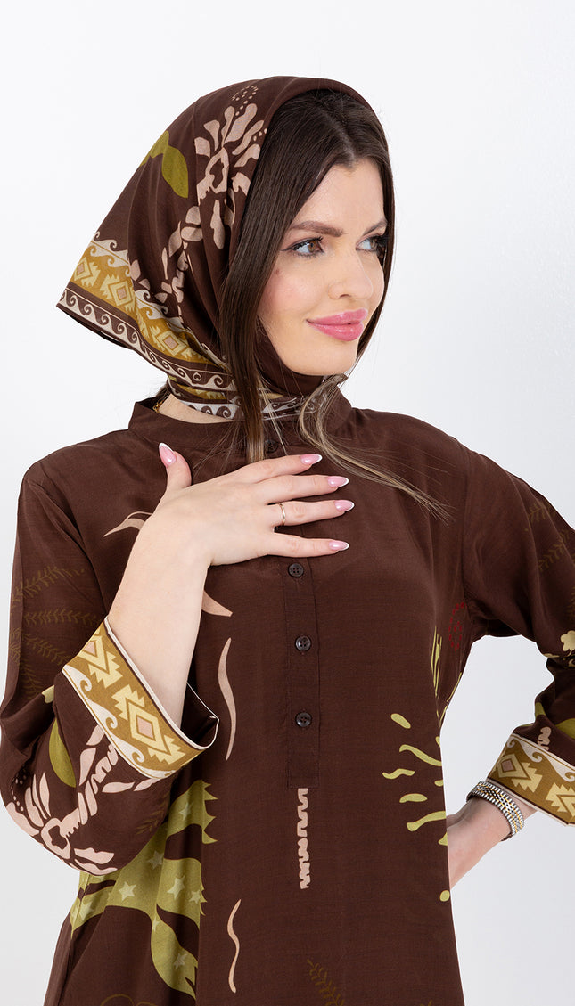 Nooré Brown Cupro Satin Kaftan Set with Matching Scarf