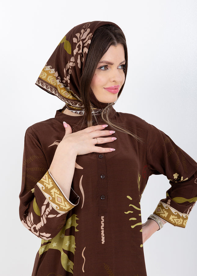 Nooré Brown Cupro Satin Kaftan Set with Matching Scarf