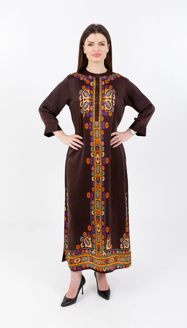 Safiya Deep Brown Cupro Satin Kaftan Set with Matching Scarf