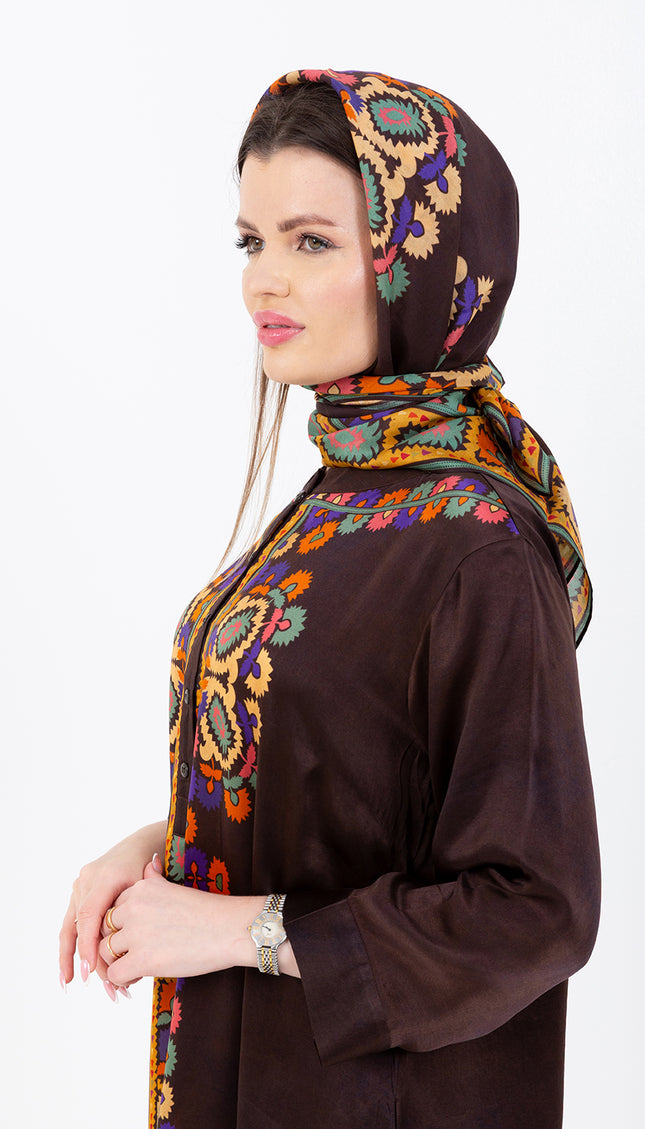 Safiya Deep Brown Cupro Satin Kaftan Set with Matching Scarf
