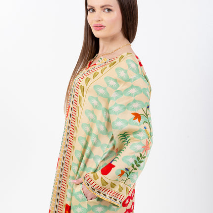 Elara Mint Cupro Satin Kaftan Set with Matching Scarf
