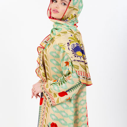 Elara Mint Cupro Satin Kaftan Set with Matching Scarf