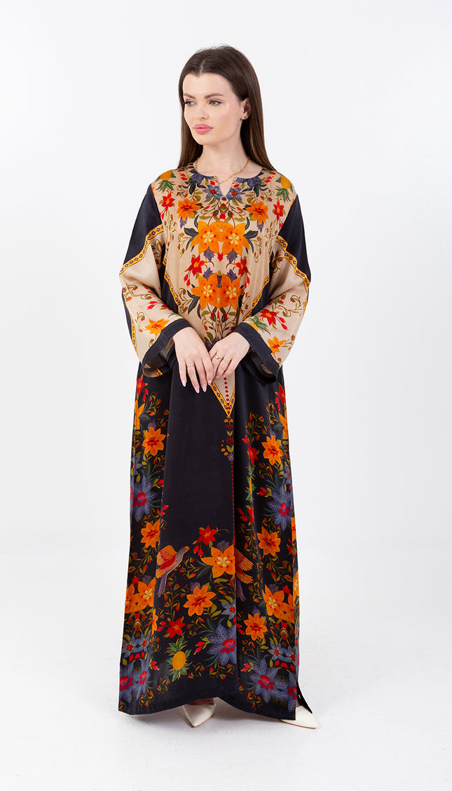 Zaina Black Cupro Satin Kaftan Set with Matching Scarf