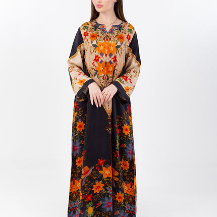 Zaina Black Cupro Satin Kaftan Set with Matching Scarf