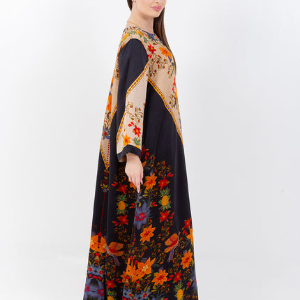 Zaina Black Cupro Satin Kaftan Set with Matching Scarf