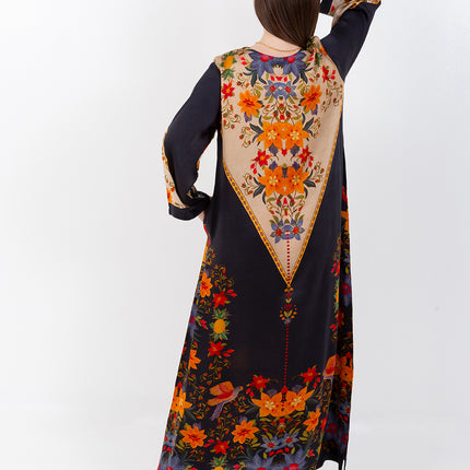 Zaina Black Cupro Satin Kaftan Set with Matching Scarf