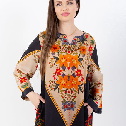 Zaina Black Cupro Satin Kaftan Set with Matching Scarf