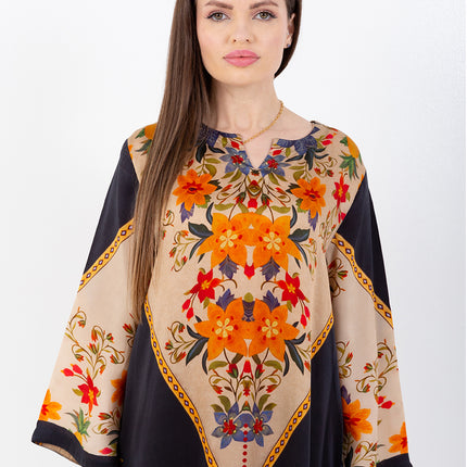 Zaina Black Cupro Satin Kaftan Set with Matching Scarf