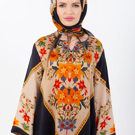 Zaina Black Cupro Satin Kaftan Set with Matching Scarf