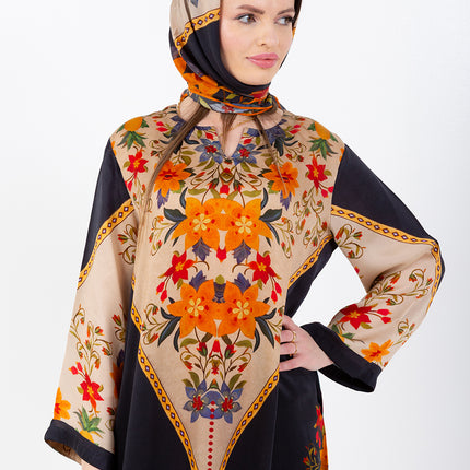 Zaina Black Cupro Satin Kaftan Set with Matching Scarf