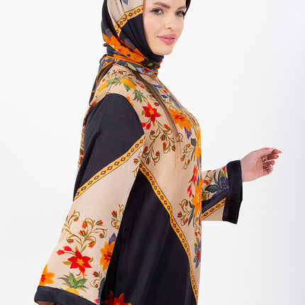 Zaina Black Cupro Satin Kaftan Set with Matching Scarf