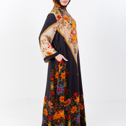 Zaina Black Cupro Satin Kaftan Set with Matching Scarf