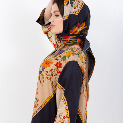 Zaina Black Cupro Satin Kaftan Set with Matching Scarf