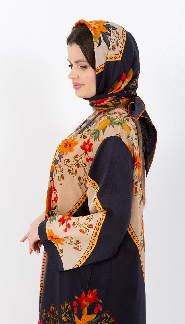 Zaina Black Cupro Satin Kaftan Set with Matching Scarf