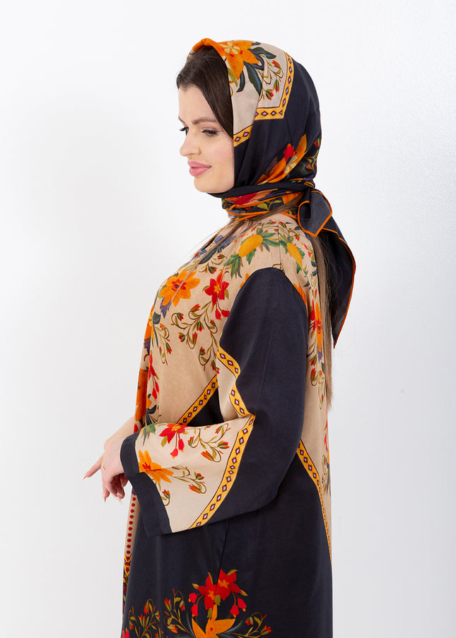 Zaina Black Cupro Satin Kaftan Set with Matching Scarf