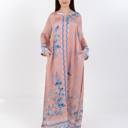 Ayla Blush Peach Cupro Satin Kaftan Set with Matching Scarf