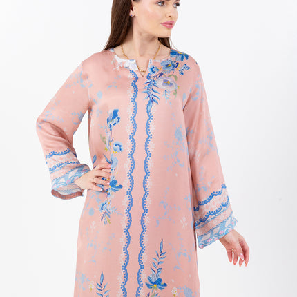 Ayla Blush Peach Cupro Satin Kaftan Set with Matching Scarf