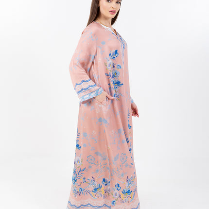 Ayla Blush Peach Cupro Satin Kaftan Set with Matching Scarf