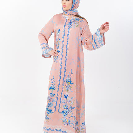 Ayla Blush Peach Cupro Satin Kaftan Set with Matching Scarf