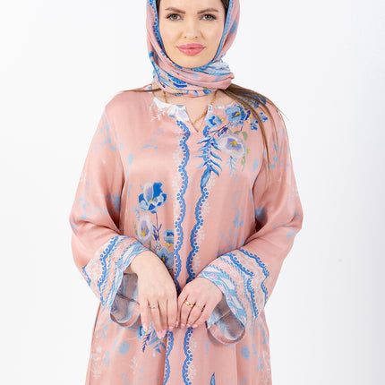 Ayla Blush Peach Cupro Satin Kaftan Set with Matching Scarf