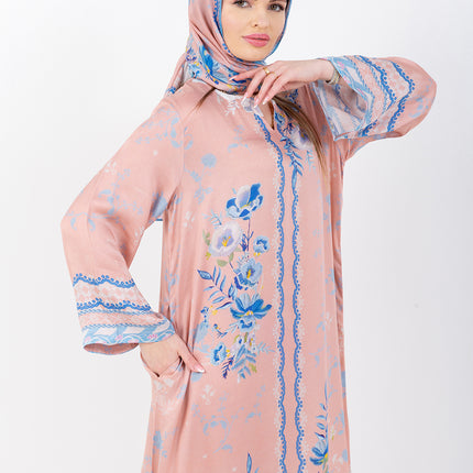 Ayla Blush Peach Cupro Satin Kaftan Set with Matching Scarf