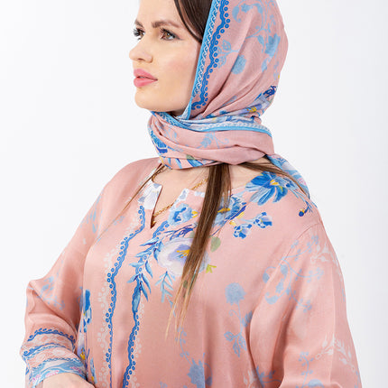 Ayla Blush Peach Cupro Satin Kaftan Set with Matching Scarf
