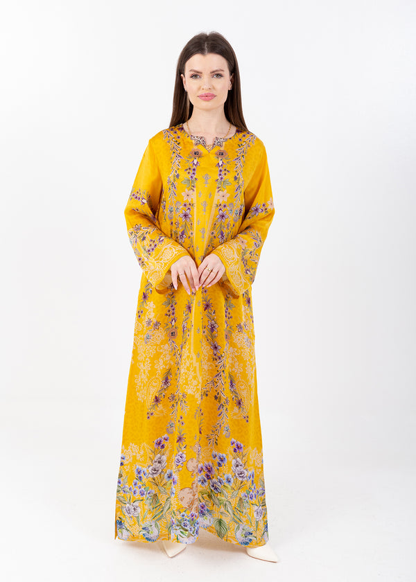 Saira Mustard Bloom Cupro Satin Kaftan Set with Matching Scarf