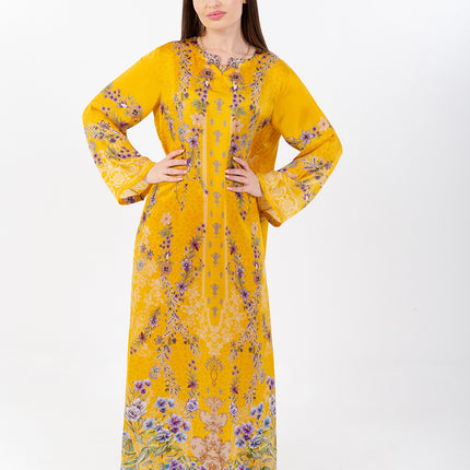 Saira Mustard Bloom Cupro Satin Kaftan Set with Matching Scarf