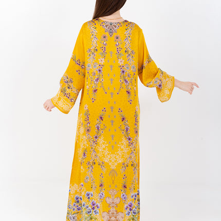 Saira Mustard Bloom Cupro Satin Kaftan Set with Matching Scarf