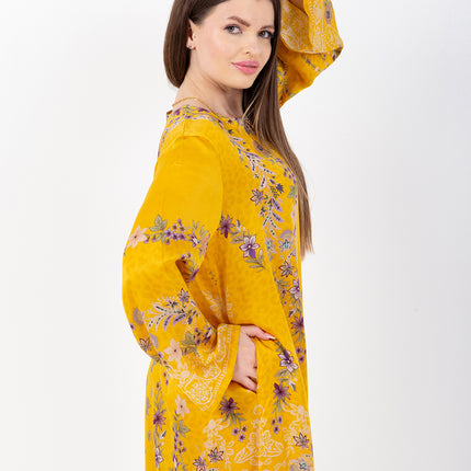 Saira Mustard Bloom Cupro Satin Kaftan Set with Matching Scarf