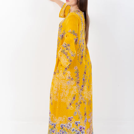 Saira Mustard Bloom Cupro Satin Kaftan Set with Matching Scarf