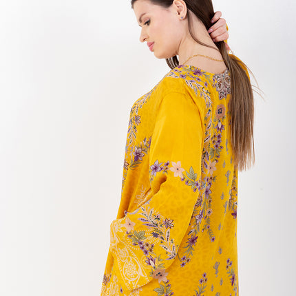 Saira Mustard Bloom Cupro Satin Kaftan Set with Matching Scarf