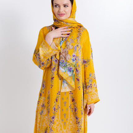 Saira Mustard Bloom Cupro Satin Kaftan Set with Matching Scarf